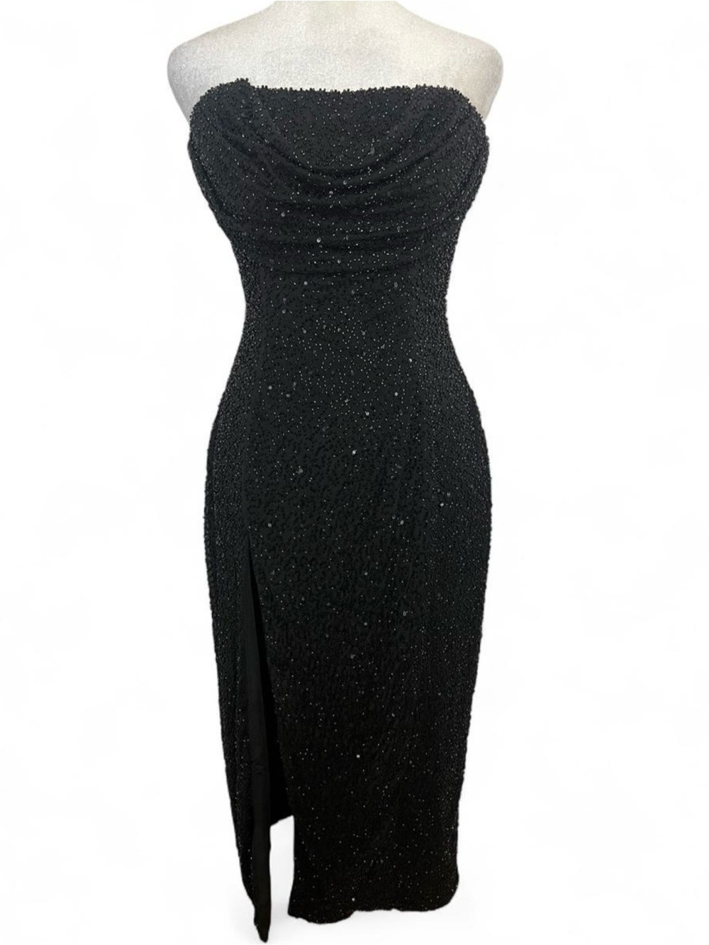 Oh Polly Strapless Black Sparkle Midi Dress with Side Slit